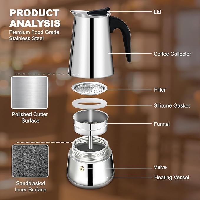 6 Cup Stovetop Espresso Maker Stainless Steel Moka Pot Stove Top Percolator Italian Coffee Makers Capable Mocha Greca Machine Cafe Classic Induction Cookers for Home and Camping 300ml 10oz - Image 4