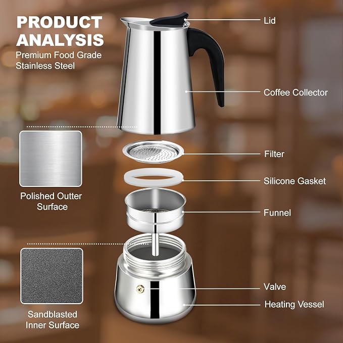 4 Cup Stovetop Espresso Maker Stainless Steel Moka Pot Stove Top Percolator Italian Coffee Makers Capable Mocha Greca Machine Cafe Classic Induction Cookers for Home and Camping 200ml 6.6oz - Image 4