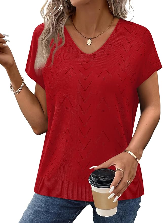 WIHOLL Short Sleeve Sweater for Women V Neck Trendy Cute Tops Business Casual Outfits Cap Sleeve - Image 4