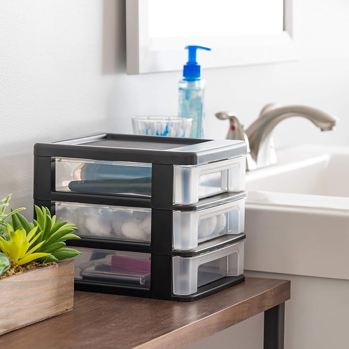 IRIS USA 4-Pack, 3-Drawer Small Plastic Stacking Desktop Organizer, Black | Organize office supplies, stationery, makeup, craft materials and everyday essentials for neat desktop storage - Image 2
