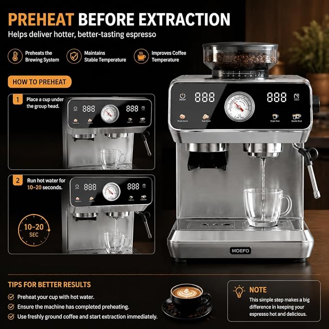 Espresso Machine with Grinder, 20-Bar Programmable Semi-Automatic Coffee Maker, Visual Pressure Gauge & Touchscreen, Compact Design with Tamper, Make Americano, Latte, Cold Brew, Silver - Image 4