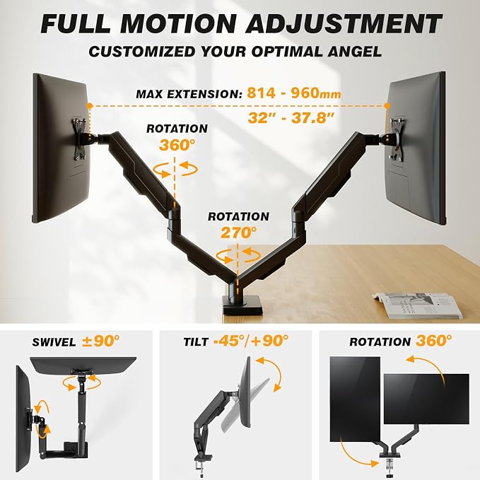 5Rcom Dual Monitor Stand for 17-34 Inch Computer Screens | Gas Spring Full Motion Dual Arms, Each Holds 22lbs, Fits 75/100mm VESA Mount - Image 9