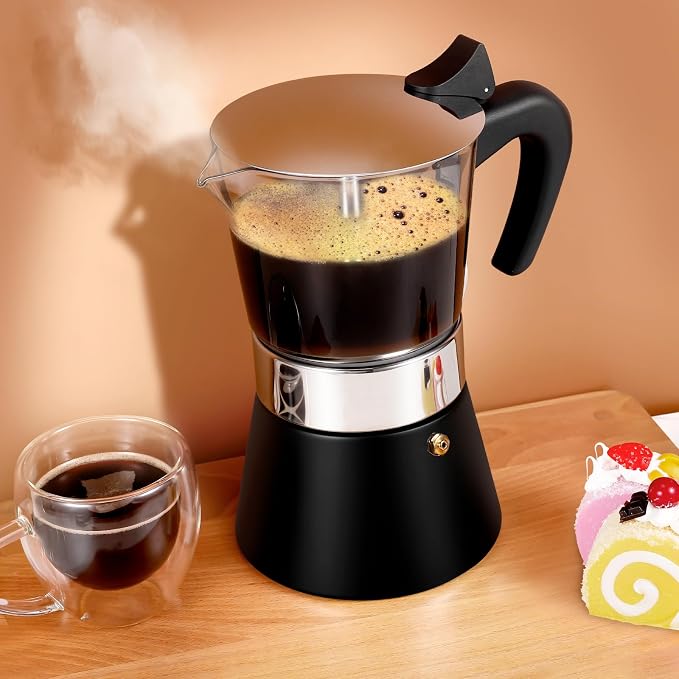 9 Cup 450ml Glass Moka Pot, Stovetop Espresso Maker, Black | Crystal Glass-top & Stainless Steel Coffee Maker, Induction Compatible, for Greca de Cafe, Cuban and Italian Coffee Brewing - Image 6