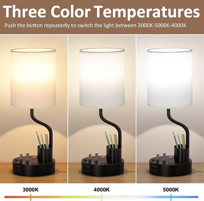 Fenmzee Bedside Lamps for Bedroom Set of 2 - Table Desk Lamp for Nightstand | 15" Table Lamp for Living Room with Pen Holder & Phone Stand, USB A+C Port, AC Outlet, 3 Color Temperature, LED Bulb Included - Image 2
