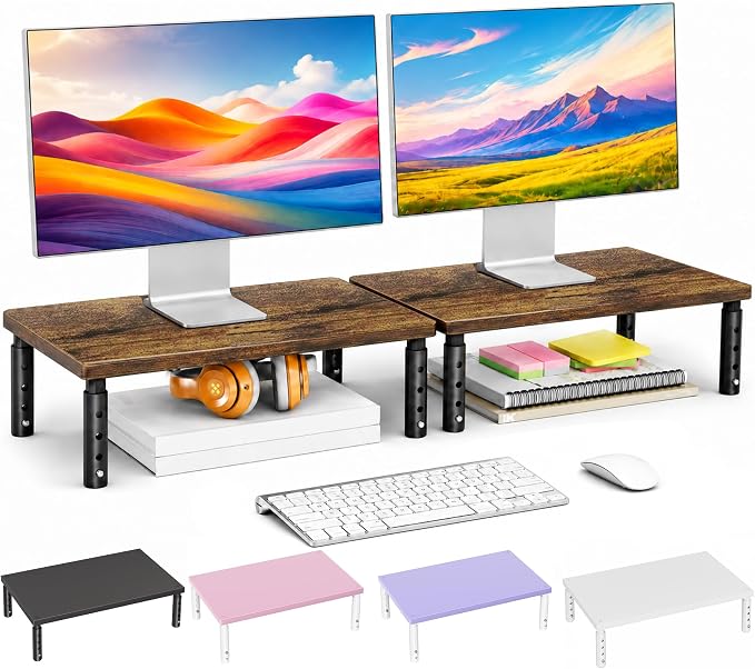 OPNICE Adjustable Monitor Stand Riser for Desk, Computer & Laptop Stand, Desk Organizers and Accessories, Office Desk Accessories & Workspace Organizer for Home Office, Brown Wood 2-Pack by OPNICE