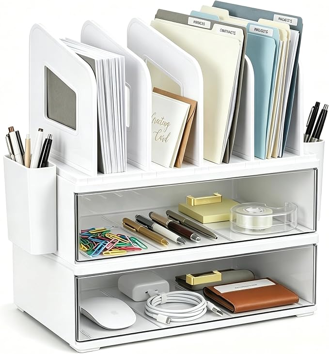 CiWiVOKi Desk Organizer with 4 File Slots and 2 Drawers, White | Desktop organizer with dual pen holders for storing files, mail, notebooks and office supplies in home or office use by CiWiVOKi