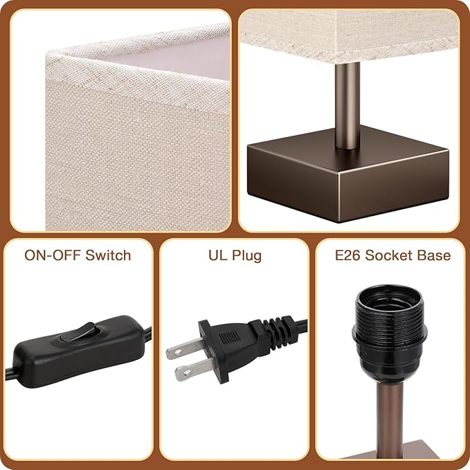 aooshine Browm Small Bedside Lamp for Bedroom - Square Beige Fabric Shade | Inline Rocker Switch, Corded Electric, Bulb Not Included, 12.8" Mini Table Lamp for Nightstand, Desk, Dorm, Office - Image 6