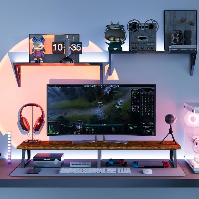 TEAMIX 42 inch Large [Dual] [Monitor] [Riser],Rustic Brown Extra Long TV [Stand Wood & Steel Desktop [Riser] with Storage for [Dual] Screen Office Desk Organization - Image 6