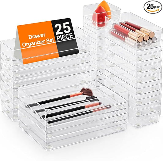 SMARTAKE 25 PCS Drawer Organizer, 4-Size Desk Drawer Organizer Trays | Storage Tray with Non-Slip Silicone Pads for Makeup, Jewelries, Utensils in Bedroom Dresser, Office and Kitchen (Clear) by SMARTAKE