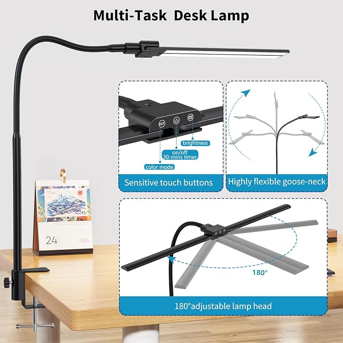 KableRika Desk lamp,Double Head LED Desk Lamp with Clamp,Architect Desk Lights for Home Office,Eye-Caring Desktop Office Lamp 4-Brightness 4-Color Table Lamp for Monitor Workbench Study Reading - Image 7