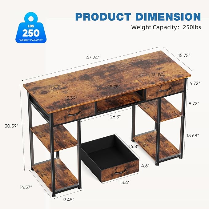 OLIXIS Gaming Desk, Computer Desk with Storage, Fabric Drawers, 48 Inch | Home Office for Small Space Bedroom, Study Work Writing PC Table, Compact Rooms, Brown - Image 3
