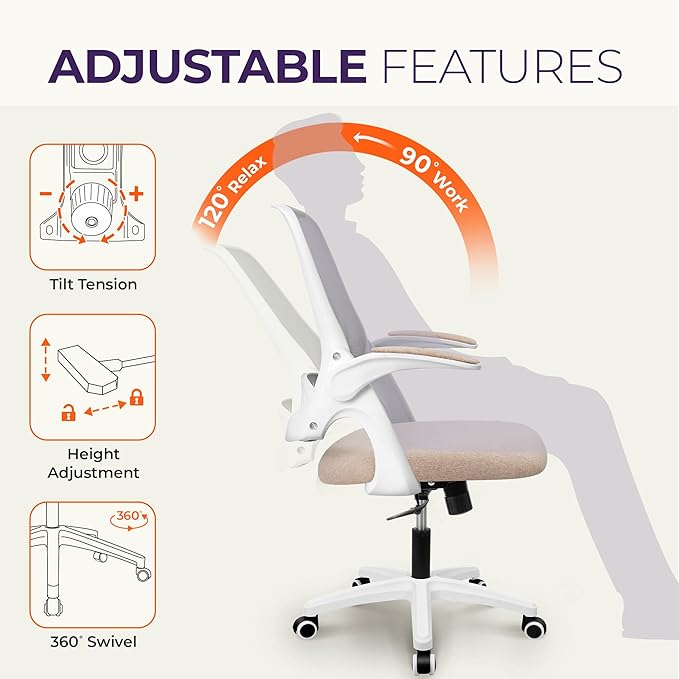 NEO CHAIR Office Desk Gaming Ergonomic Computer Chair with Lumbar Back Support Adjustable Height Swivel Rolling Wheels Flip-up Arms Mesh Chair for Home Vanity (Beige) | Lumbar Support, Height Adjustment, 360° Swivel and Rolling Base, Space-Saving Desig... - Image 5
