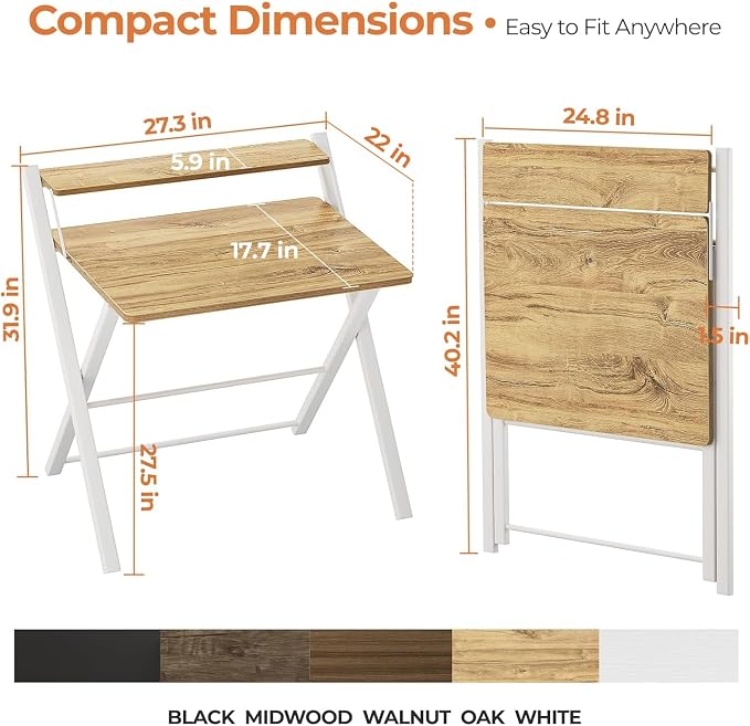 GreenForest Folding Desk No Assembly, Sturdy Computer Desk for Small Spaces | Portable Foldable Table for Laptop, 2-Tier Compact with Shelf, Space Saving for Home Office, Dorm, Apartment, 27.3"x 22" Oak - Image 3