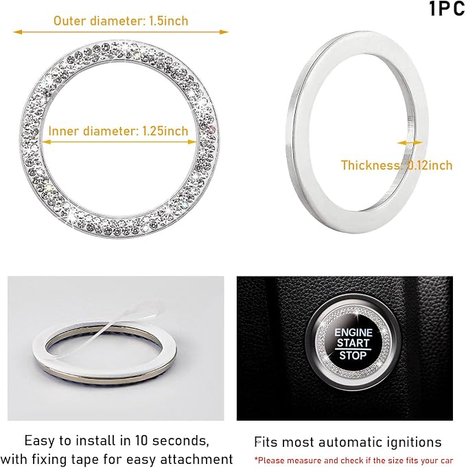 Kewucn Bling Crystal Double Rhinestone Car Engine Start Decoration Ring, Sparkling Push Start Button Sticker, Key Ignition & Knob Ring Decoration, Bling Car Interior Accessory(White) - Image 2