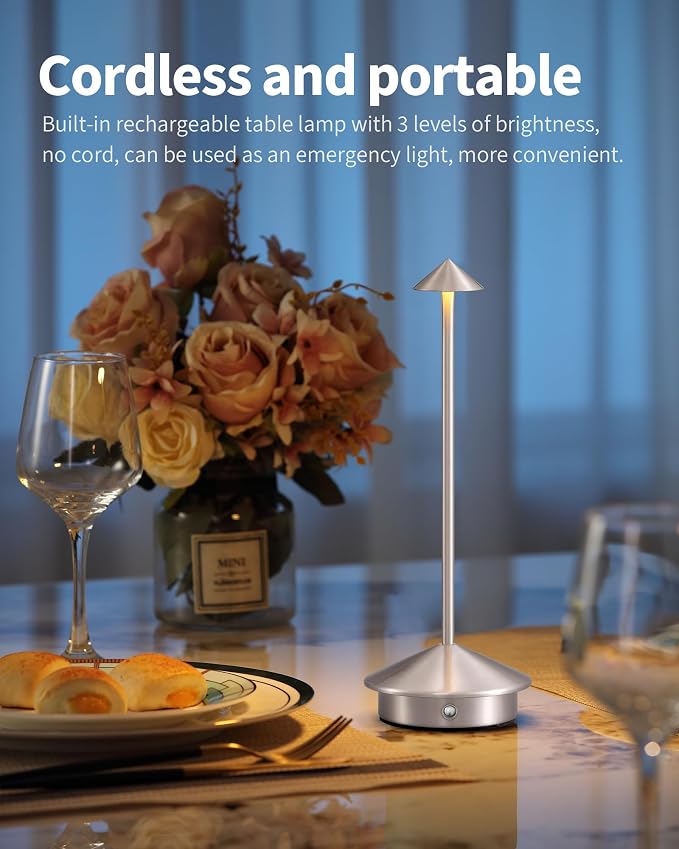 Modern Cordless Table Lamp Set of 2, Brushed Nickel LED Desk Lamps | 5000mAh, Rechargeable, Battery Operated Lighting for Bedroom, Dining Room, Restaurant, Coffee Shop, Camping, Night Light - Image 2