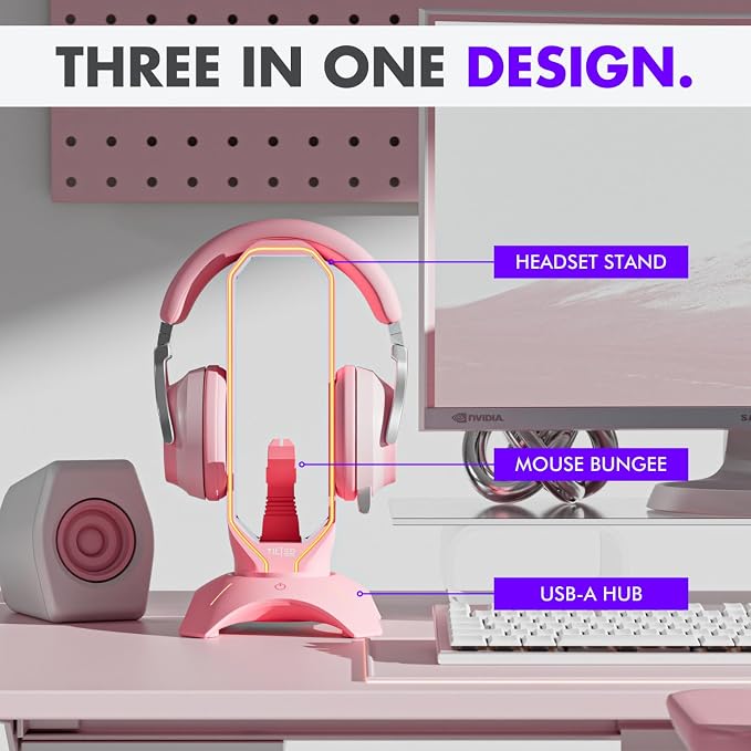 Tilted Nation Cute Headphone Stand Pink | Headset Stand with RGB, Mouse Bungee Holder, and 2 Port USB Hub Charger - Desk Gaming Accessories - Image 2