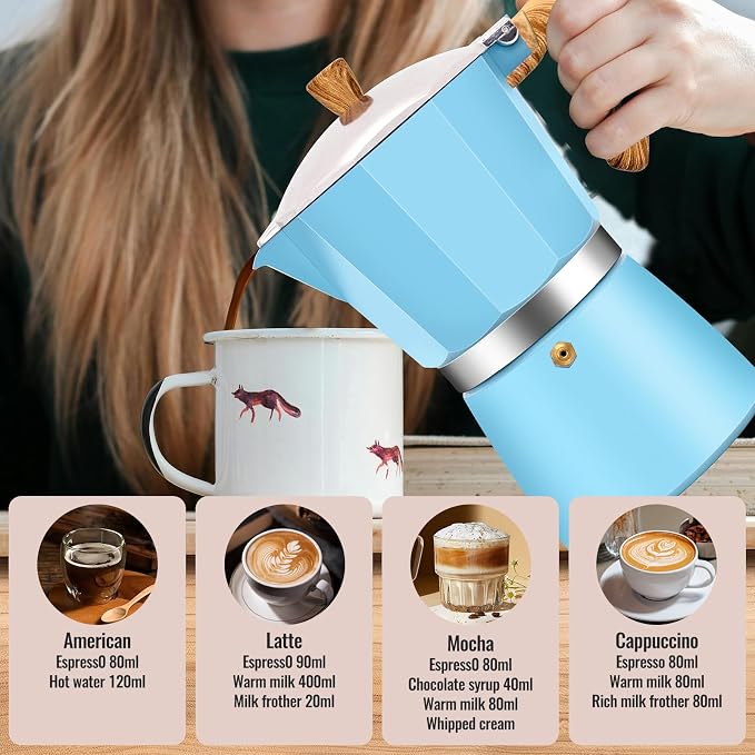 12 Cup Aluminum Moka Pot Classic Stovetop Espresso Coffee Maker 600ml 20oz Coffeemaker Percolator Mocha Pot Greca Coffee Maker Cafe Makers for Italian and Cuban Café Brewing Blue - Image 7