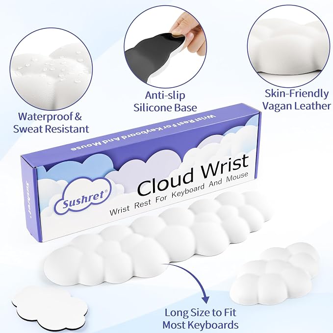 Sushret Cloud Wrist Rest Keyboard, Cloud Keyboard Wrist Pad Set with PU Leather Memory Foam, Cute Arm Rest for Palm Support, PC/Gaming Desk Accessories/Office Setup/Computer Hand Cushion - White - Image 5