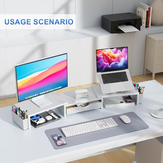 gianotter Dual Monitor Stand Riser, Desk Organizer With Drawer and 2 Pen Holders, Monitor Stand for Desk, Office Decor Essentials (White) - Image 5