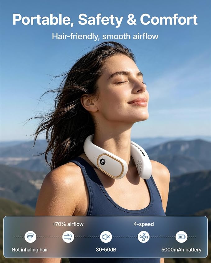 SHEWIND Portable Neck Fan - 5000mAh Rechargeable Hands-Free Wearable Fan | 4 Speeds, Bladeless & LED Display | Personal Cooling Fan for Travel, Outdoors, Camping - White - Image 2