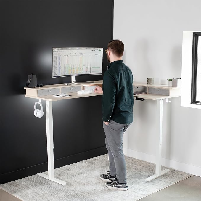 VIVO Light Wood 63 x 55 in Corner Standing Desk, DESK-E3CVC | Electric, 2-Tier, L-Shaped, Sit Stand, Height Adjustable, Memory, Light Wood Top, Black Frame, Light Gray Drawers - Image 2