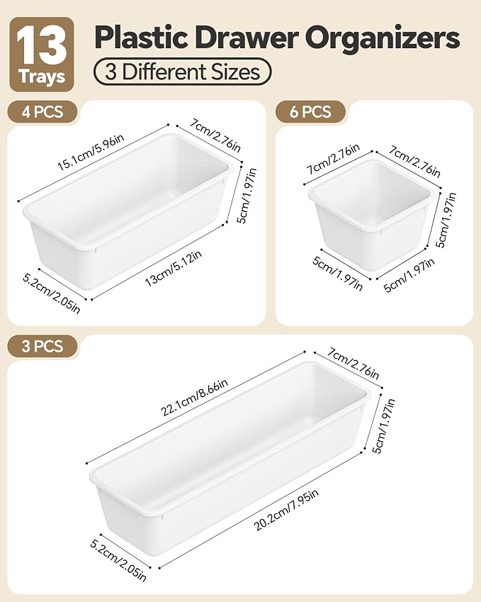 Canfanni 13 Pack Plastic Drawer Organizers Set, 3 Sizes Desk Drawer Organizer Trays for Vanity and Makeup Organizer, Organization and Storage for Makeup, Kitchen Utensils, Bathroom and Office(White) - Image 2
