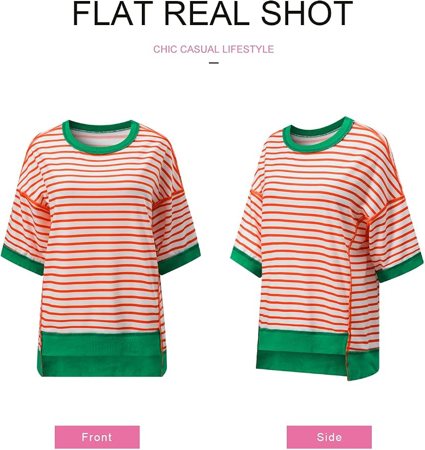 SHEWIN Womens Tops Casual Short Sleeve Sweatshirt Crewneck Striped Shirt Pullover T Shirts Loose Blouses - Image 4