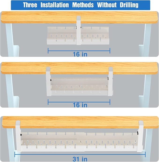 No Drilling Under Desk Cable Management, Metal Cable Management Tray Under Desk with Clamp, Retractable Power Strip Cord Holder for Wire Management 31Inch (2 Pack White) - Image 4