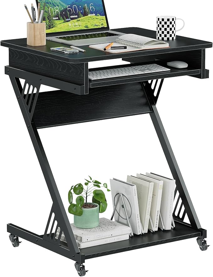ALISENED Computer Desk for Small Spaces Compact Desk with Keyboard Tray | 23.6" Z-Shaped, with Wheels and Bottom Shelves, for Home Office, Computer Cart Mobile Laptop Cart, Black by ALISENED