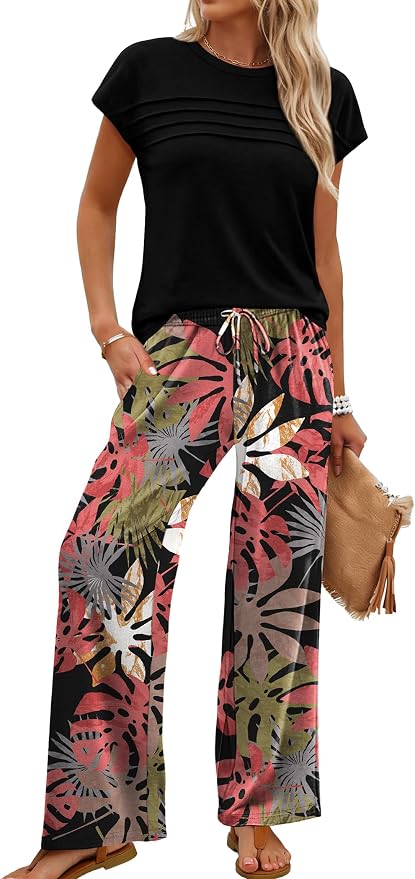 WIHOLL Two Piece Set for Women Summer Spring Outfits Matching Sets Women Clothing Airport Travel Vacation Wide Leg Pants - Image 2