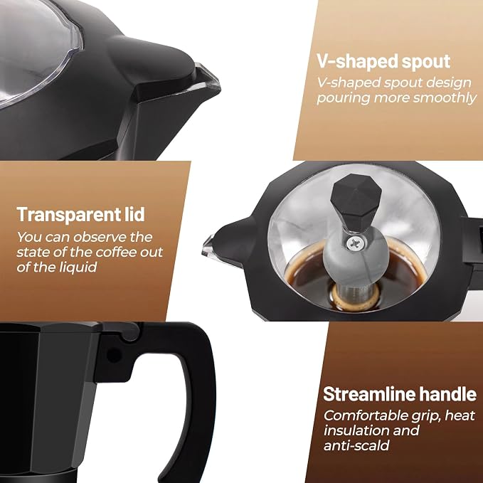 Electric Aluminum Moka Pot 3-6 Cup 150-270ml Espresso Maker | with Detachable Base Ideal Coffee Makers for Home MochaPot Italian and Cuban Café Coffeemaker Espressomaker CoffeePot Black - Image 7