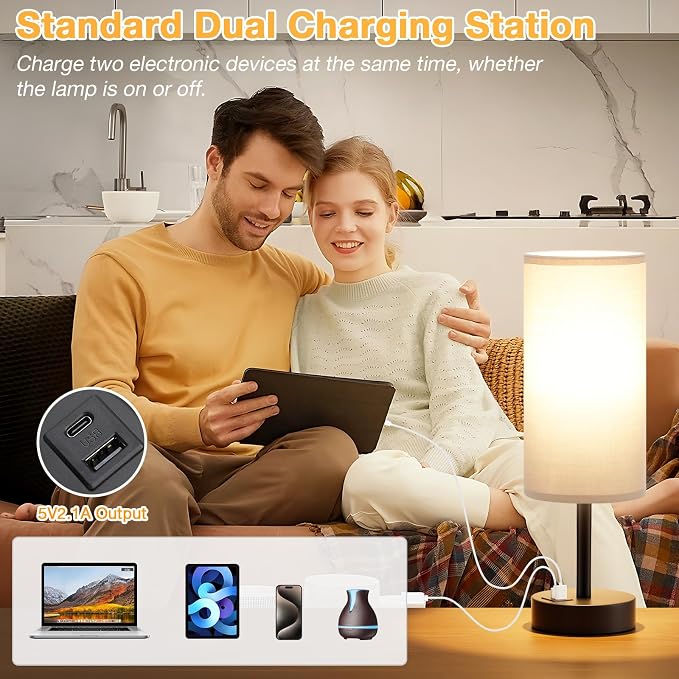 Dicoool Bedside Table Lamp for Bedroom - 3-Way Dimmable Touch Lamp, USB A+C | LED Bulb Included, 14" Small Nightstand Lamp for Desk, Living Room, Guest Room, Grey Fabric Lampshade, Black Metal Base - Image 4