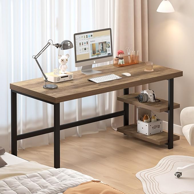 FOLUBAN 60 Inch Home Office Desk, Large Computer Desk with Storage Shelves, Modern Wood and Metal Writing Study Gaming Table Workstation for Living Room, Rustic Oak - Image 5