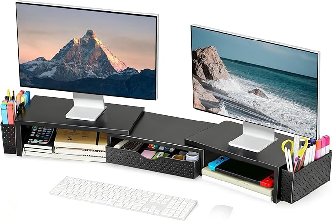 Spacrea Metal Desk Organizers and Accessories, Dual Monitor Stand Riser with Drawer and 2 Pen Holders, Book Racks, Desk Accessories & Workspace Desktop Organizers for Office Supplies (Black) by Spacrea