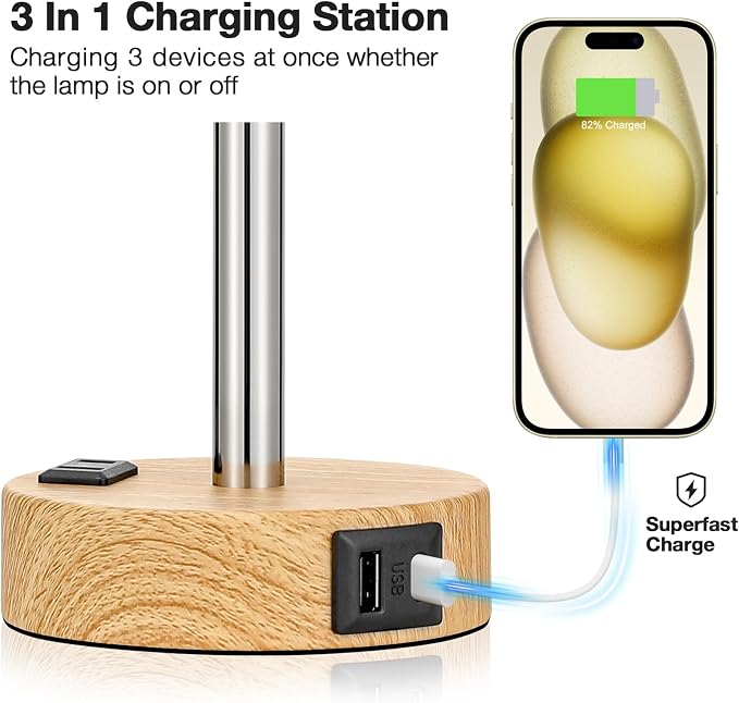 Fenmzee Bedside Table Lamp for Bedroom - Dimmable Touch, USB A+C, AC Outlet | 3-Way Dimmable, LED Bulb Included, Fabric Lampshade, Wood-Grain Metal Base, 14" Small Nightstand Lamp for Desk, Living Room - Image 3