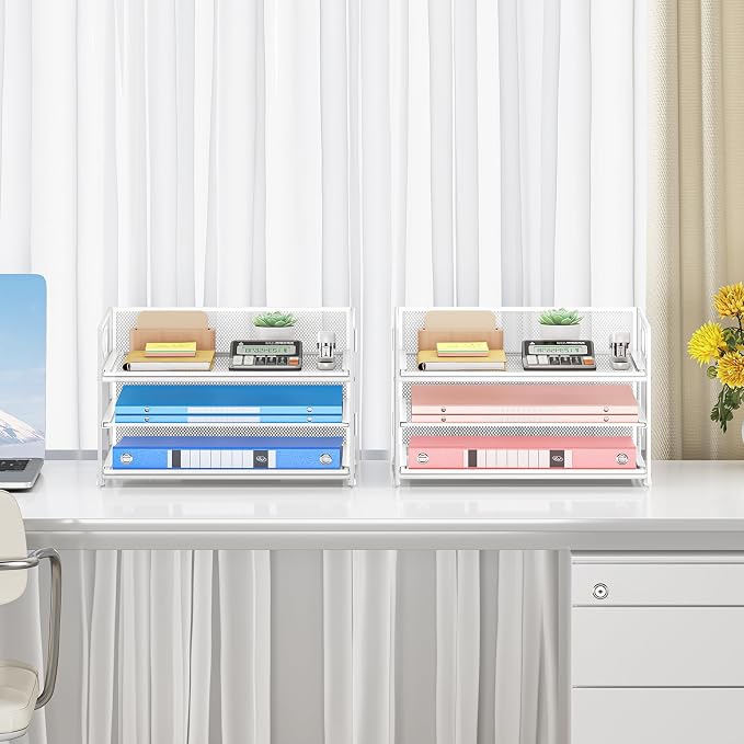 Subekyu 2-Pack 3-Tier White Metal Mesh Desk Paper Letter Tray & File Sorter Organizer with Handle + 1 Sliding Tray for Desk, Home, Office, School Supplies, A4 Paper and Accessories Storage - Image 6