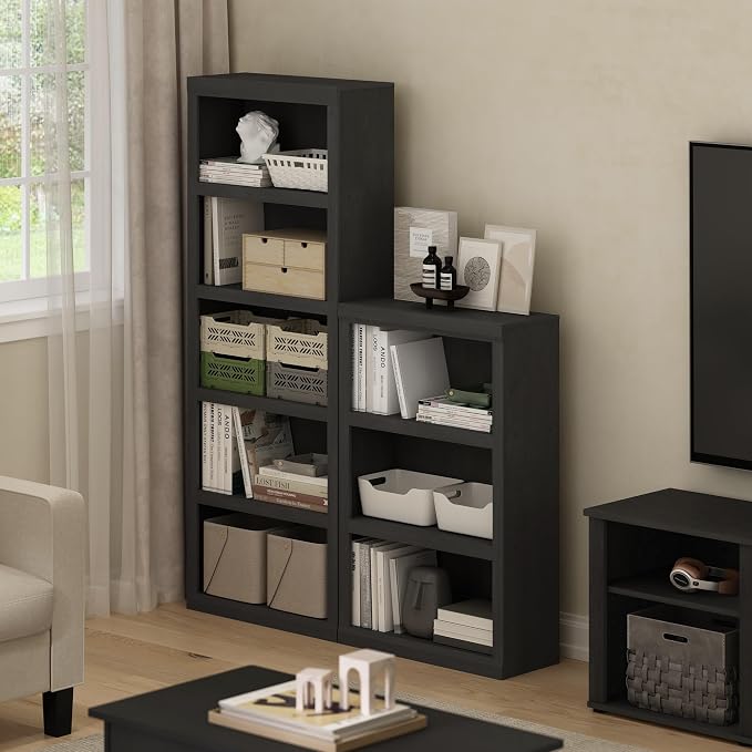 Furinno Rail Book Shelf, 5-Tier Bookshelf with Open Shelf, Bookcase with Classic Style Edges, 10 x 24.6 x 63.5, for Organization and Storage, for Living Room, Bedroom, Home Office, Blackwood - Image 2