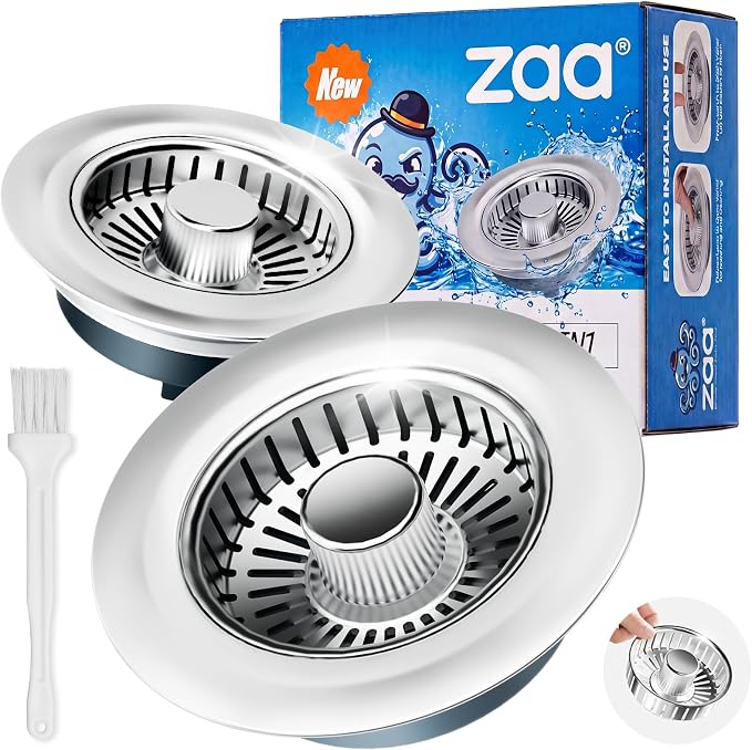 zaa 3 in 1 Kitchen Sink Drain Strainer Stopper Removable Basket Pop-Up | Kitchen Sink Accessories 2 Pack Brushed Silver Stainless - Food Catcher, Odor-Blocking Seal, Fits 3.5" Drain by zaa