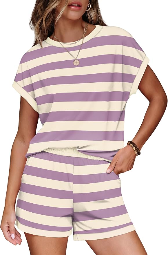 WIHOLL Two Piece Sets for Women Summer Lounge Short Sets Cap Sleeve Crew Neck Sweatsuit with Pocket XS-2XL - Image 2