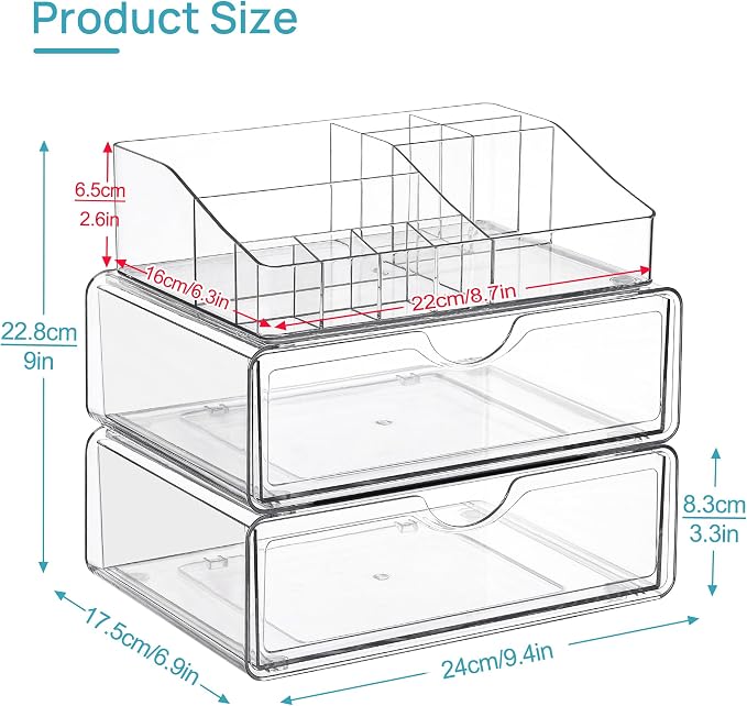 Vtopmart 3 Tier Clear Makeup Organizer with 2 Drawers | Smart Storage Layout, Clear for Better Visibility, Stackable, Large Capacity, for Makeup Lipstick Brush Skincare - Image 3