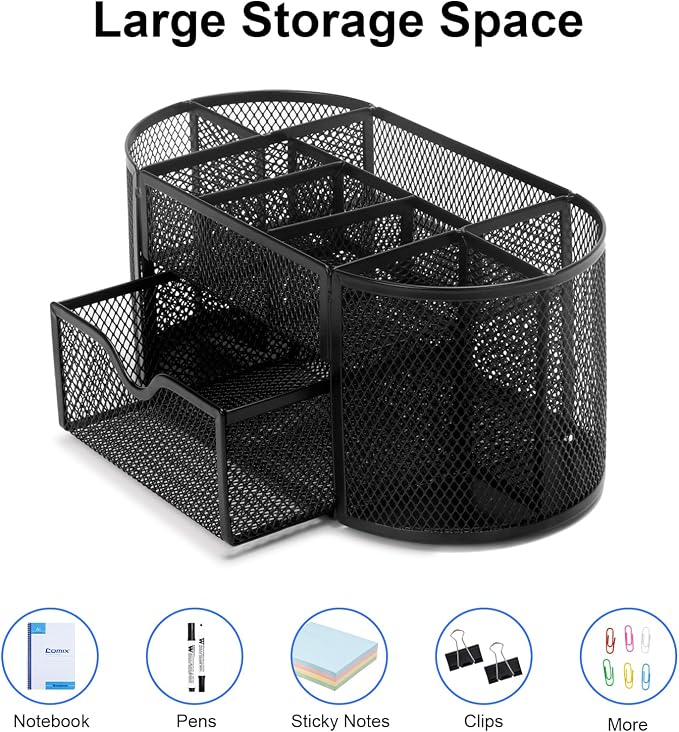 Comix Mesh Pen Pencil Holder Desk Organizer, 8 Compartment and 1 Drawer Wire Desktop Pen Pencil Cup Caddy Office Supplies Accessories for Home Office School, Black - Image 4