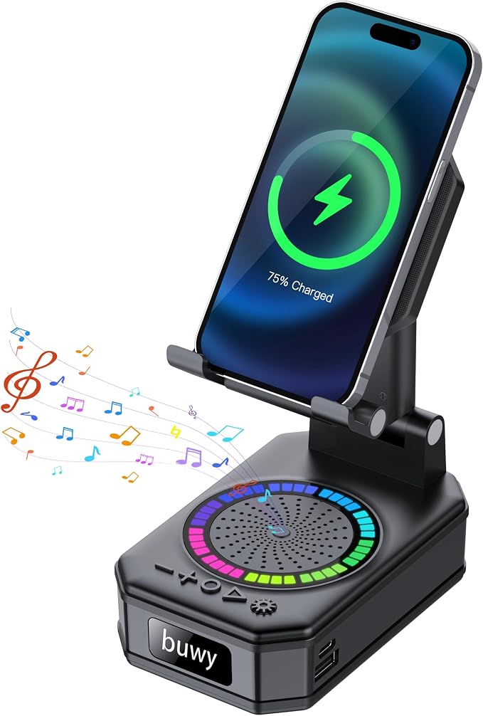 Birthday Gifts for Men Women Teens, Wireless Charger Phone Stand with Bluetooth Speaker, Phone Charger Stand with LED Lights, Anti-Slip Base Adjustable for iOS Android Father's Day Best Gifts by buwy