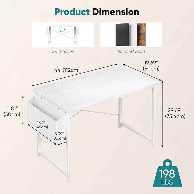 OLIXIS Computer Desk, 44 Inch Gaming Desks for Home Office Small Spaces | Writing Study Craft Work Table, Computer Workstation for Bedroom with Storage Bag, All White - Image 3