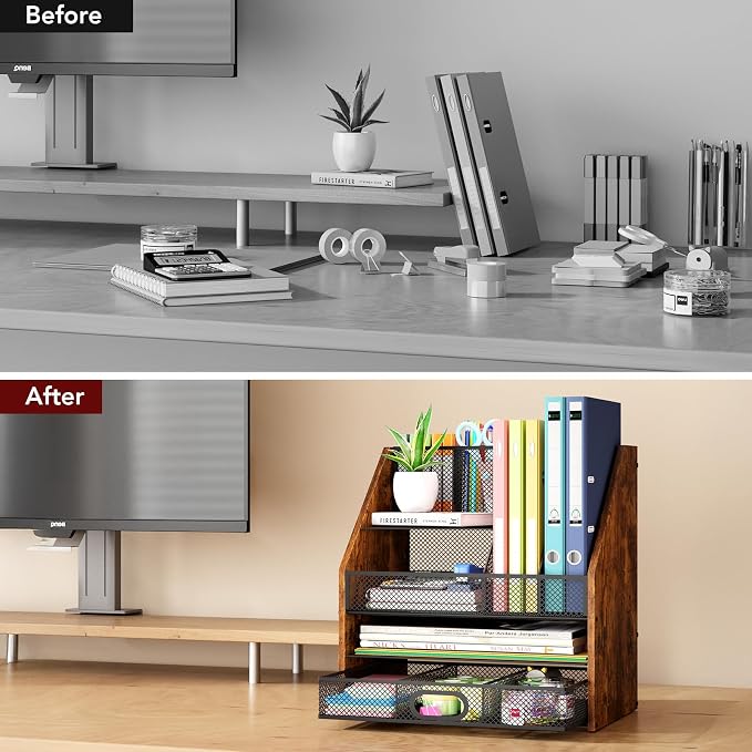 Homsorout Wooden Desk Organizer - Mesh File Organizer with Drawers and Pen Holder - 4-Tier Vertical Paper Letter Storage Tray, Desktop Organizers and Accessories for Home Office - Image 8