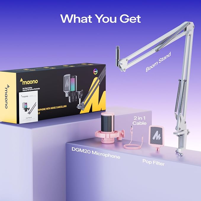 MAONO DGM20S USB Microphone for PC with Clear Voice & Noise Reduction | RGB Lighting, Tap-to-Mute, Gain Control, Monitoring and Boom Arm for Discord Gaming, Streaming, Content Creation.Pink - Image 9
