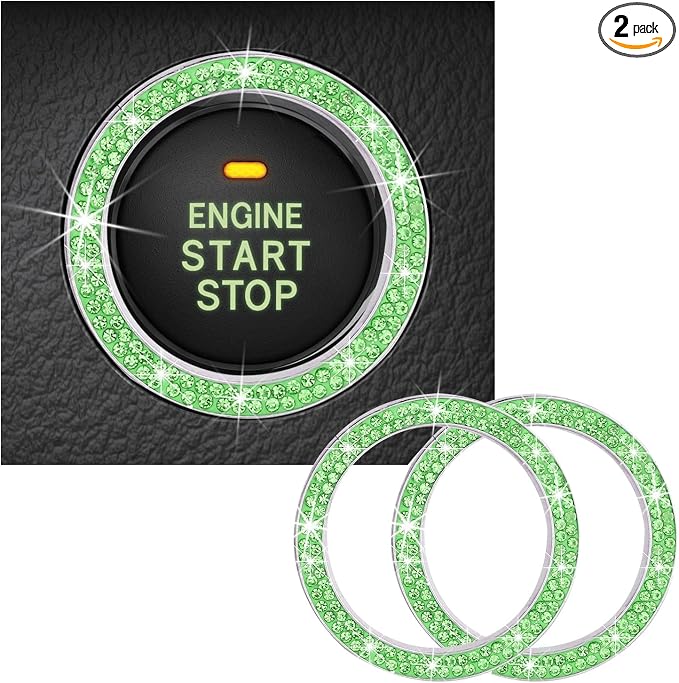 Kewucn 2 PCS Bling Crystal Double Rhinestone Car Engine Start Decoration Ring, Sparkling Push Start Button Sticker, Key Ignition & Knob Ring Decoration, Bling Car Interior Accessory(Light Green) by Kewucn