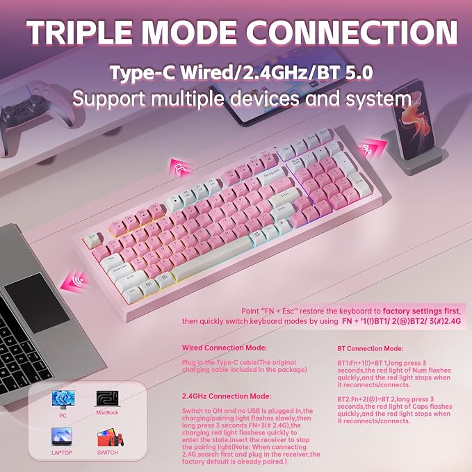 LEOBOG x Aula Pink Keyboard Wireless Creamy Computer Gaming Keyboards | Silent Membrane Keyboard, 98 Keys 2000mAh Quiet Creamy Keyboard with Number Pad, Rechargeable, for PC Mac Office Dorm Rooms - Image 5