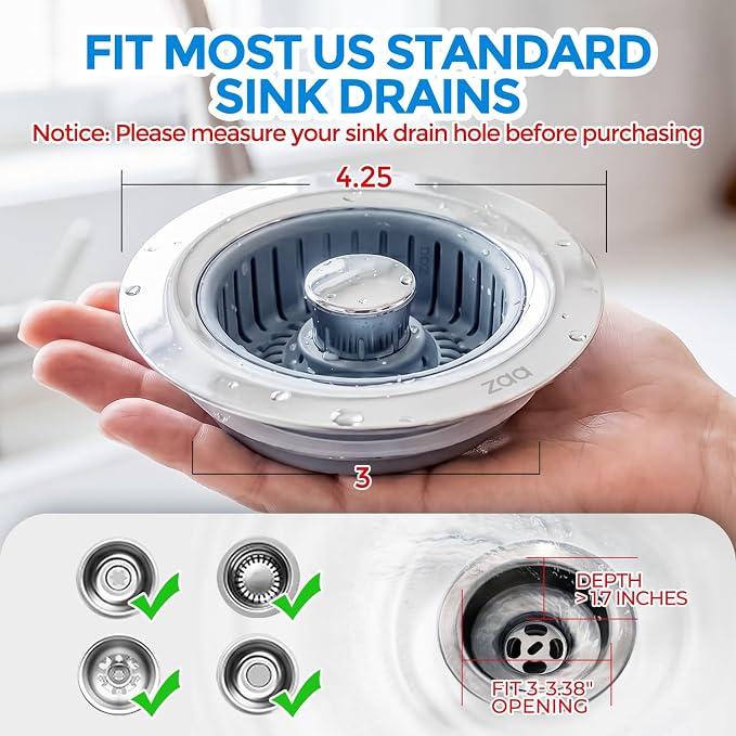 zaa 3 in 1 Kitchen Sink Drain Strainer Stopper Removable Basket Pop-Up | Kitchen Sink Accessories 1 Pack Silver Stainless - Food Catcher, Odor-Blocking Seal, Fits 3.5" Drain, Easy Clean - Image 7