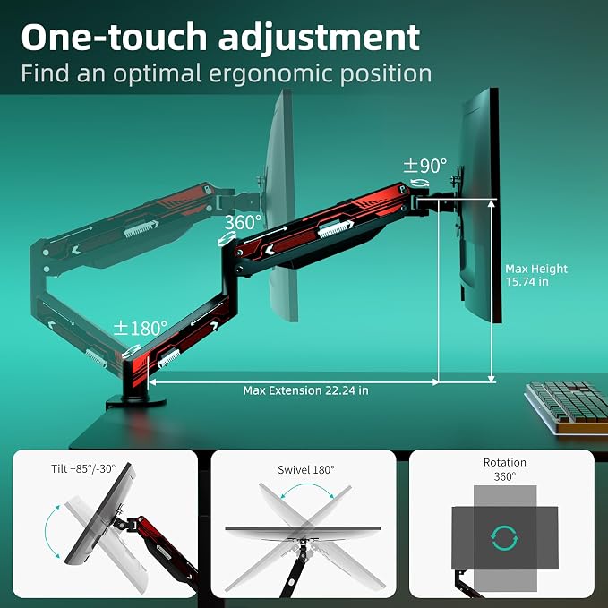 Suptek Monitor Mount Gas Spring Monitor Arm Desk Mount Fully Adjustable Fits 17 20 22 23 24 26 27 32 35 inch Monitors Weight Capacity up to 24.25 lbs, Black&red - Image 3