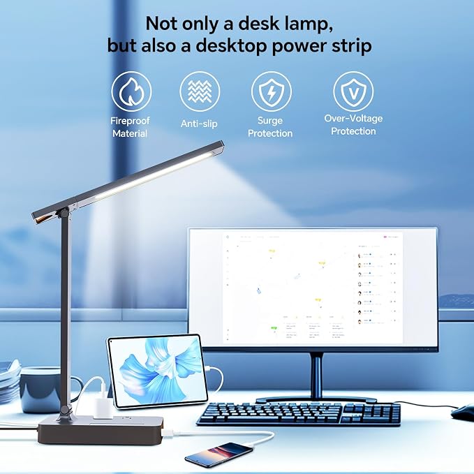 LAOPAO Desk Lamp with USB Charging Port: Power Strip with Surge Protection - 1 Type-C, 1 USB-A Charging Port, 2 AC Power Outlets, Desk Lamps for Home Office College Dorm Room Essentials - Image 6